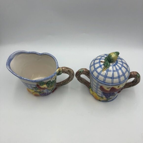 Vintage 1994 Omnibus China Sugar and Creamer Set Checkered Fruit Theme - Picture 6 of 15